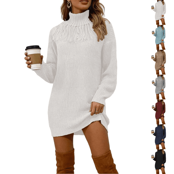 SeekIslan Women's Sweaters with High Neck Long Sleeve Fringe Tunic Knit Pullover
