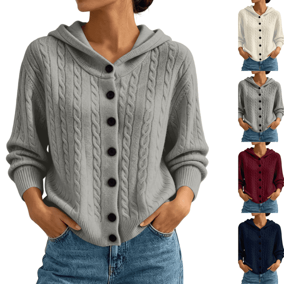 SeekIslan Women's Sweaters with Hood Cable Knit Button Down Long Sleeve Cardigan