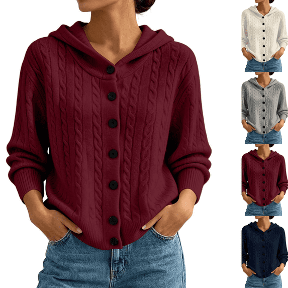 SeekIslan Women's Sweaters with Hood Cable Knit Button Down Long Sleeve Cardigan
