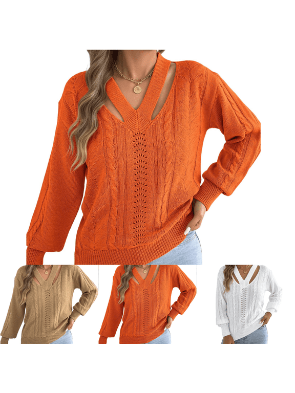 Women's Sweaters with V Neck Cut Out Long Sleeve Cable Knit Pullover