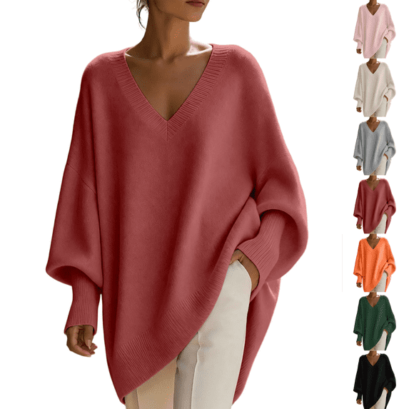 SeekIslan Women's Sweaters with V Neck Long Sleeve Loose Knit Poncho Pullover