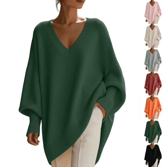 SeekIslan Women's Sweaters with V Neck Long Sleeve Loose Knit Poncho Pullover