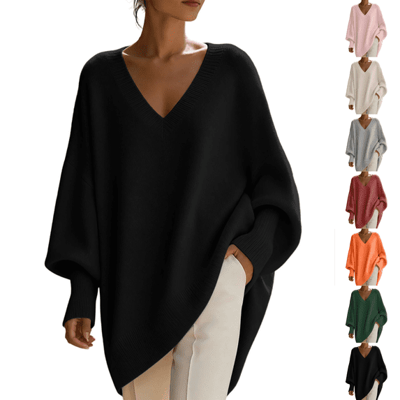 SeekIslan Women's Sweaters with V Neck Long Sleeve Loose Knit Poncho Pullover