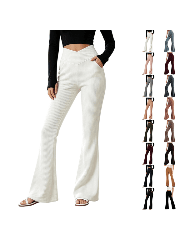 Women's V Waist Flare Pants Ribbed Knit Bell Bottom Pants with Side Pockets