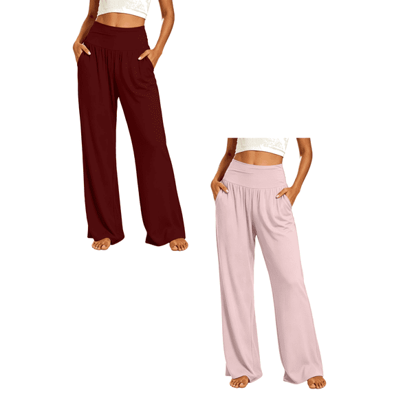 SeekIslan Women's Wide Leg Yoga Pants High Waist Soft Lounge Pants with Pockets for Relaxing Daily Wear,Pink+Wine