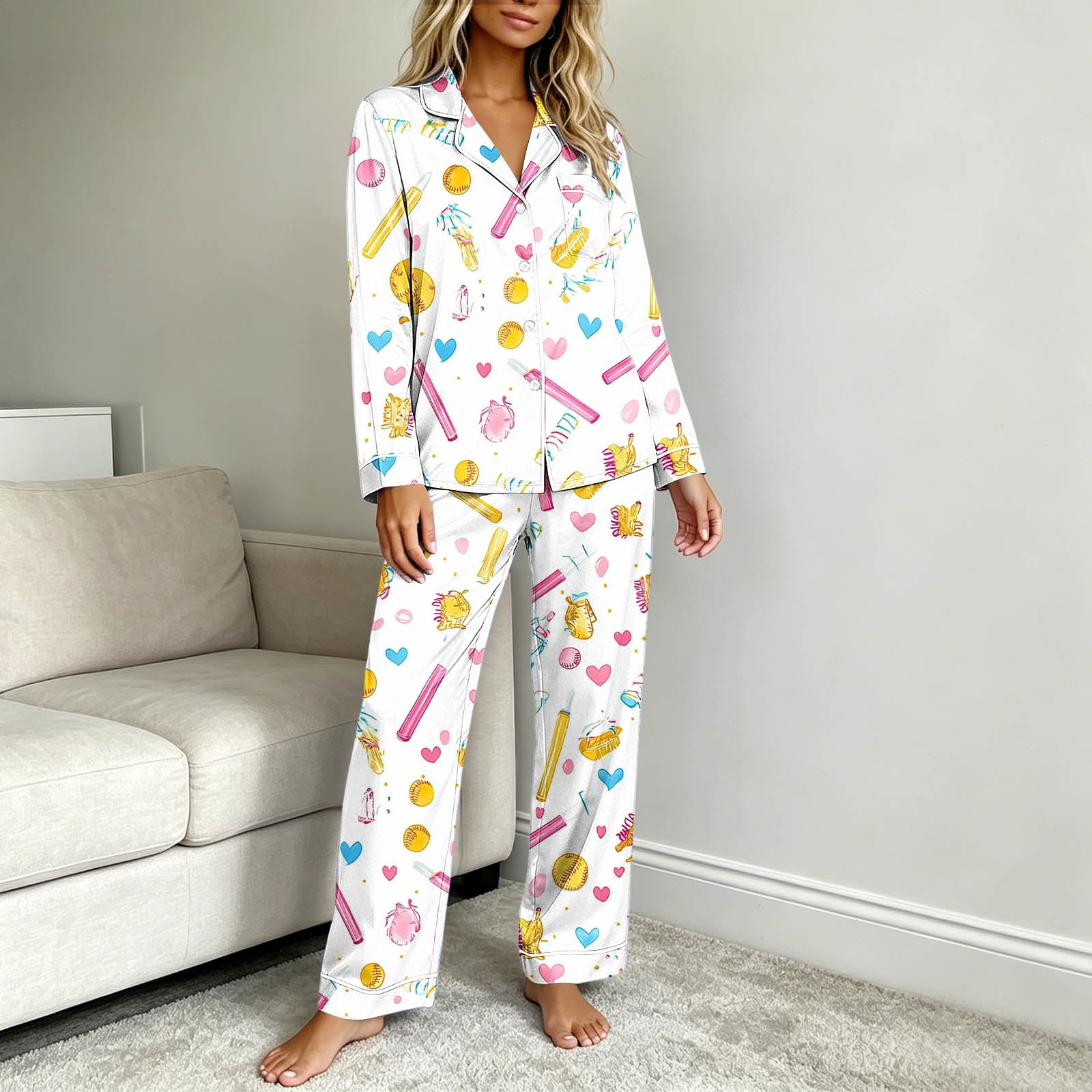 Nimbly Women's Button Down Pajama Set Long Sleeve Shirt with Pants for ...