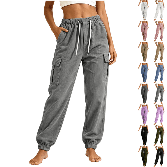 SeekIslan Womens Corduroy Cargo Pants Drawstring Waist Baggy Fit with Pockets for Casual Lounge Wear