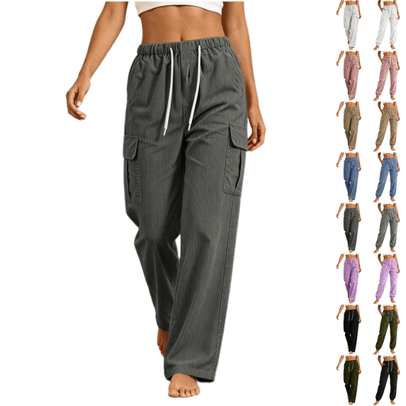 SeekIslan Womens Corduroy Cargo Pants Drawstring Waist Baggy Fit with Pockets for Casual Lounge Wear