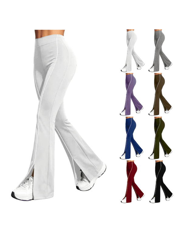 Womens Side Stripe Flare Leggings High Waist Split Hem Yoga Pants with Contrast Piping