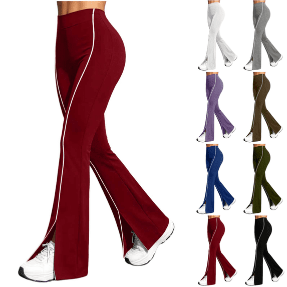 SeekIslan Womens Side Stripe Flare Leggings High Waist Split Hem Yoga Pants with Contrast Piping