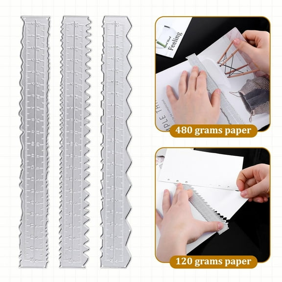 SeekLGT 3 Pack Deckle Edge Ruler 8.4 Inch Metal Paper Tearing Ruler Irregular Wavy Edge Cutting Tool for Scrapbooking Crafting 3PC