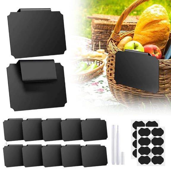 SeekLGT Basket Labels Clip On Storage Bin Labels Black Metal Clips Reusable Chalkboard Tags Water Based Chalk Pantry Closet Organization Set 12 Clips 2 Labels 2 Chalks