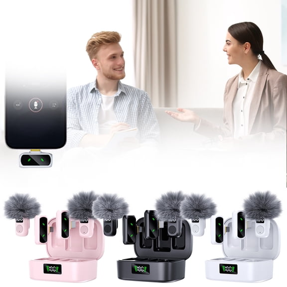 SeekLGT Black Wireless Lavalier Microphone Set with Digital Display Noise Canceling Dual Transmitters for iPhone and Android Vlogging and Live Streaming