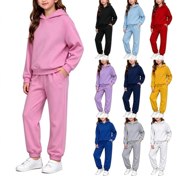 SeekLGT Boys Girls Long Sleeve Pullover Hooded Sweatshirt with Cuffed Jogger Sweatpants Casual Athletic Solid Outfits 2-Piece Sweatsuit Tracksuit Set in Black