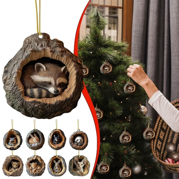 SeekLGT Cute Animal in Nest Christmas Tree Ornaments 2D Flat Acrylic Oval Pendant Hanging Decor for Xmas Wreath Holiday Home Party Animal Lovers Gift Accessories, 1 pc