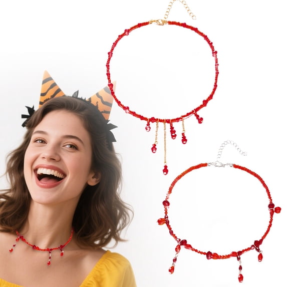 SeekLGT Dripping Blood Necklace Gothic Choker with Beaded Tassels Vampire Blood Drop Fringe Necklace Halloween Jewelry Accessories Statement Piece for Women Costume, 1 pc