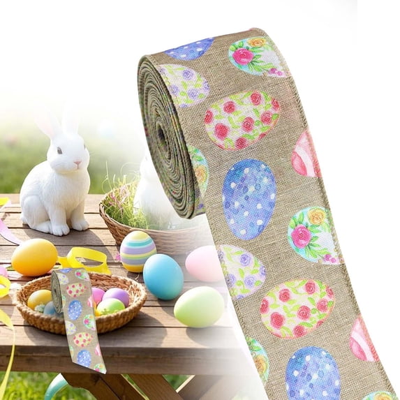 SeekLGT Easter Bunny Wired Edge Ribbon Easter Ribbon Wired Fabric For Cabinet Decor Gift Wrapping And Seasonal Spring Display 5 yards 1 roll