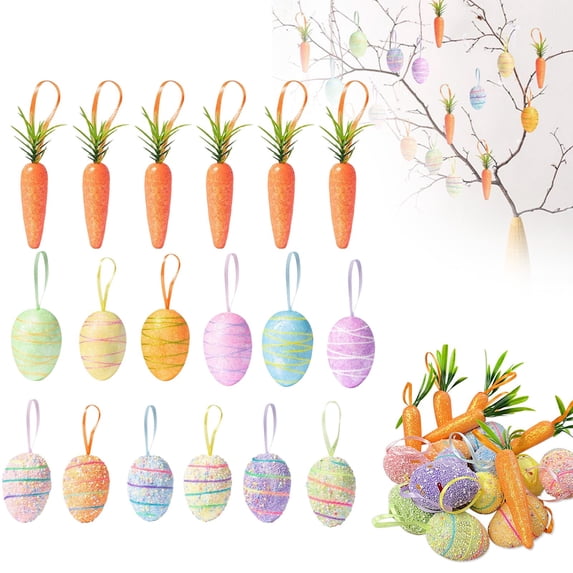 SeekLGT Easter Hanging Ornaments Set 18 Pcs Colorful Carrot and Egg Decorations for Tree Basket Holiday Display 1 Set