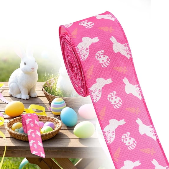 SeekLGT Easter Wired Ribbon Spring Bunny Fabric Decorative Ribbon With Wired Edge For Wreaths Gift Wrapping DIY Craft Decor 5 yards 1 roll