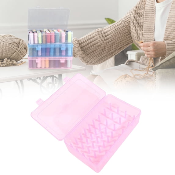 SeekLGT Embroidery Needle and Thread Organizer Box Pink Transparent Portable Sewing Storage Case with 42 Fixed Pins Multifunctional Tool Holder for Embroidery and Cross Stitch