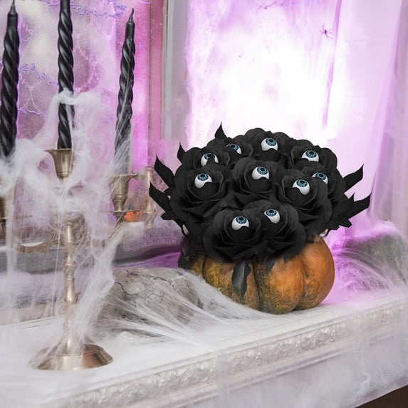 SeekLGT Halloween Artificial Flowers Black Faux Rose, Gothic Fake Rose Stem for Halloween Flower Bouquet, Home Vase Centerpiece, Wedding Party Gothic Decor