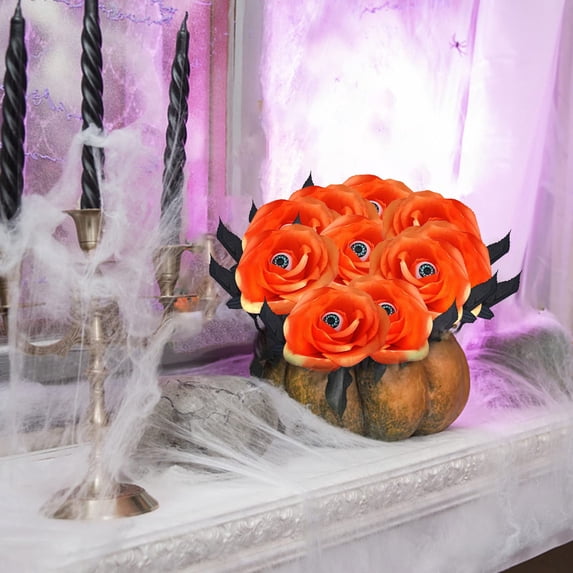 SeekLGT Halloween Orange Series Artificial Rose Flower, Realistic Latex Faux Rose for Gothic Halloween Decorations, Floral Arrangement, Table Centerpiece, Home Decor