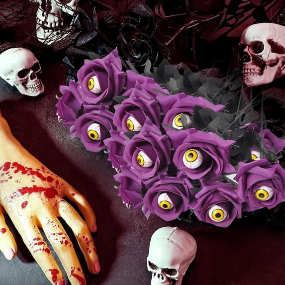 SeekLGT Halloween Purple Series Artificial Rose Flower, Realistic Latex Faux Rose for Gothic Halloween Decorations, Floral Arrangement, Table Centerpiece, Home Decor