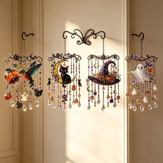 SeekLGT Halloween-Themed Crystal Wind Chime, Acrylic Stained Glass Suncatcher Hanging Ornament with Soft Tinkling Sound for Home Window Door Decor, 1 Pc