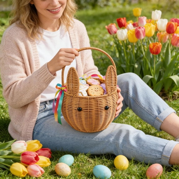 SeekLGT Handwoven Rattan Easter Basket Bunny With Handle Brown 6*8*12 in 1 Count