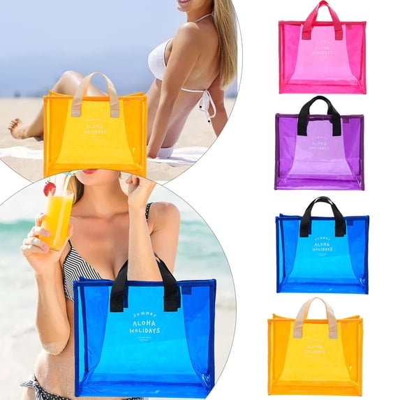 SeekLGT Iridescent Waterproof PVC Pink Beach Bag, Clear Transparent Swimming Tote Bag, 14x11 in Portable Travel Storage Bag for Beach, Vacation and Outdoor Activities, 1pc