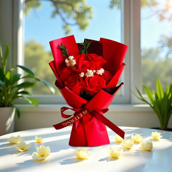 SeekLGT Luxury Artificial Rose Bouquet Real Touch Forever Roses Handcrafted Velvet Petals for Wedding Home Decor Valentine Anniversary Gift