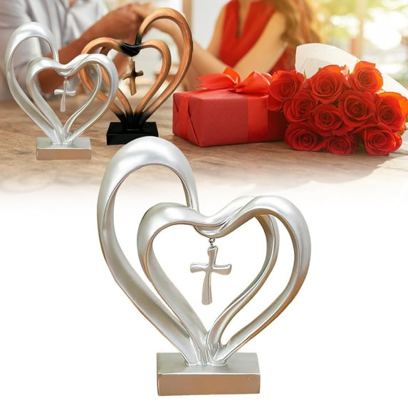 SeekLGT Marriage Takes Three Entwined Hearts Cross Resin Figurine 9 Inch Christian Couple Wedding Gift Valentine Anniversary Tabletop Decor