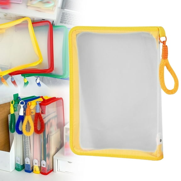 SeekLGT Mesh Zipper Pouch Bags Document Folder with Handles, Large Reusable Zipper Bags for Project Storage, Needlepoint Bag and Puzzle Folder Storage Book, Yellow, 1-Count