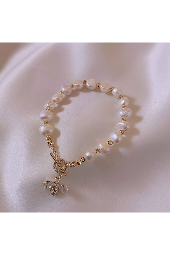 Pearl Bracelet with Rhinestone Bee Charm Adjustable Fashion Chain Exquisite Handmade Jewelry for Women Wife Mother and Graduation