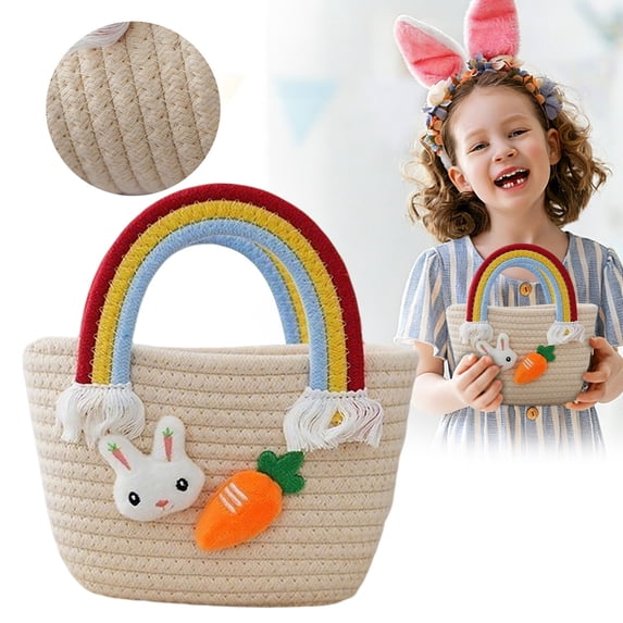 SeekLGT Personalized Woven Easter Basket with Bunny Design Handle Kids Easter Egg Hunting Basket for Boys and Girls 1 Pc