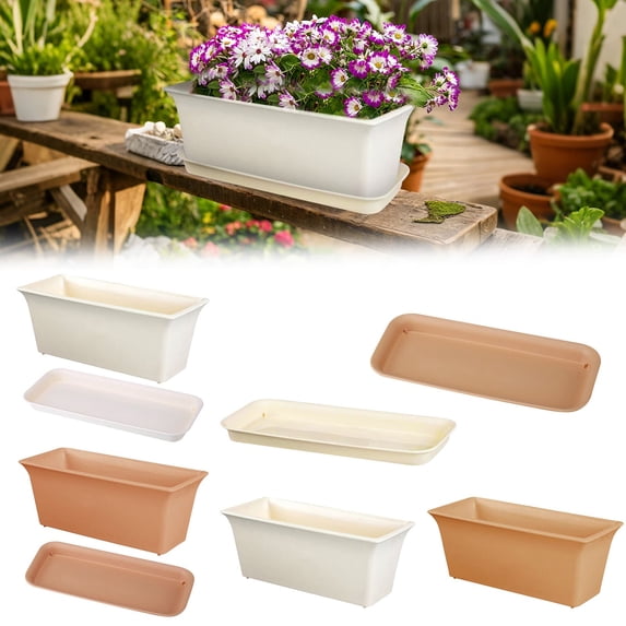 SeekLGT Planters for Outdoor Plants Rectangle Planter Plastic Planter Box Long Trough Window Planter Box Indoor Plant Pot with Tray for Garden Balcony Windowsill Patio 1 pc