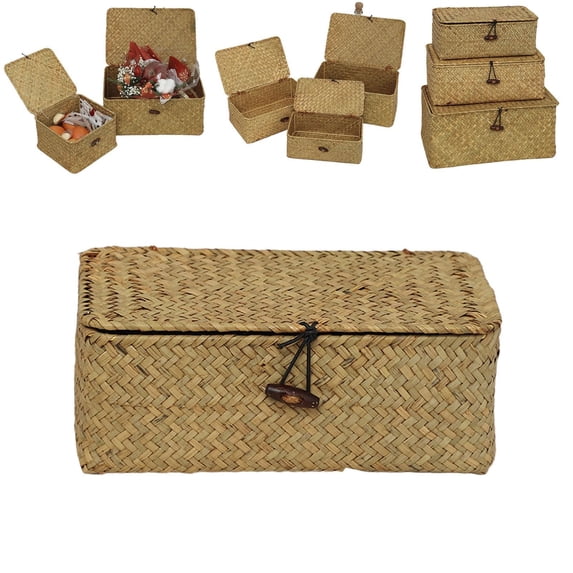 SeekLGT Seagrass Storage Basket with Lid Handwoven Wicker Decorative Box Secure Button Closure Stackable for Organizing Towels Toys Remotes Home Decor