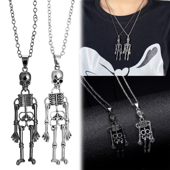 SeekLGT Skull Couple Necklace Skeleton Pendant Necklace Gothic Magnetic Human Skeleton Matching Jewelry Halloween Costume Props, 1 Pair