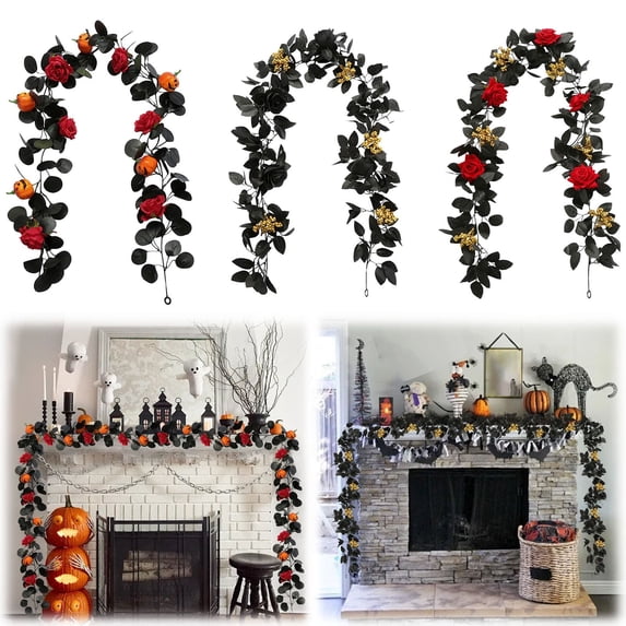 SeekLGT Spooky Black Garland Rose Vine Artificial Maple Leaf Vines Gothic Halloween Decorations Floral Garland for Fireplace Mantle Wall Home Party Decor, 1 pc