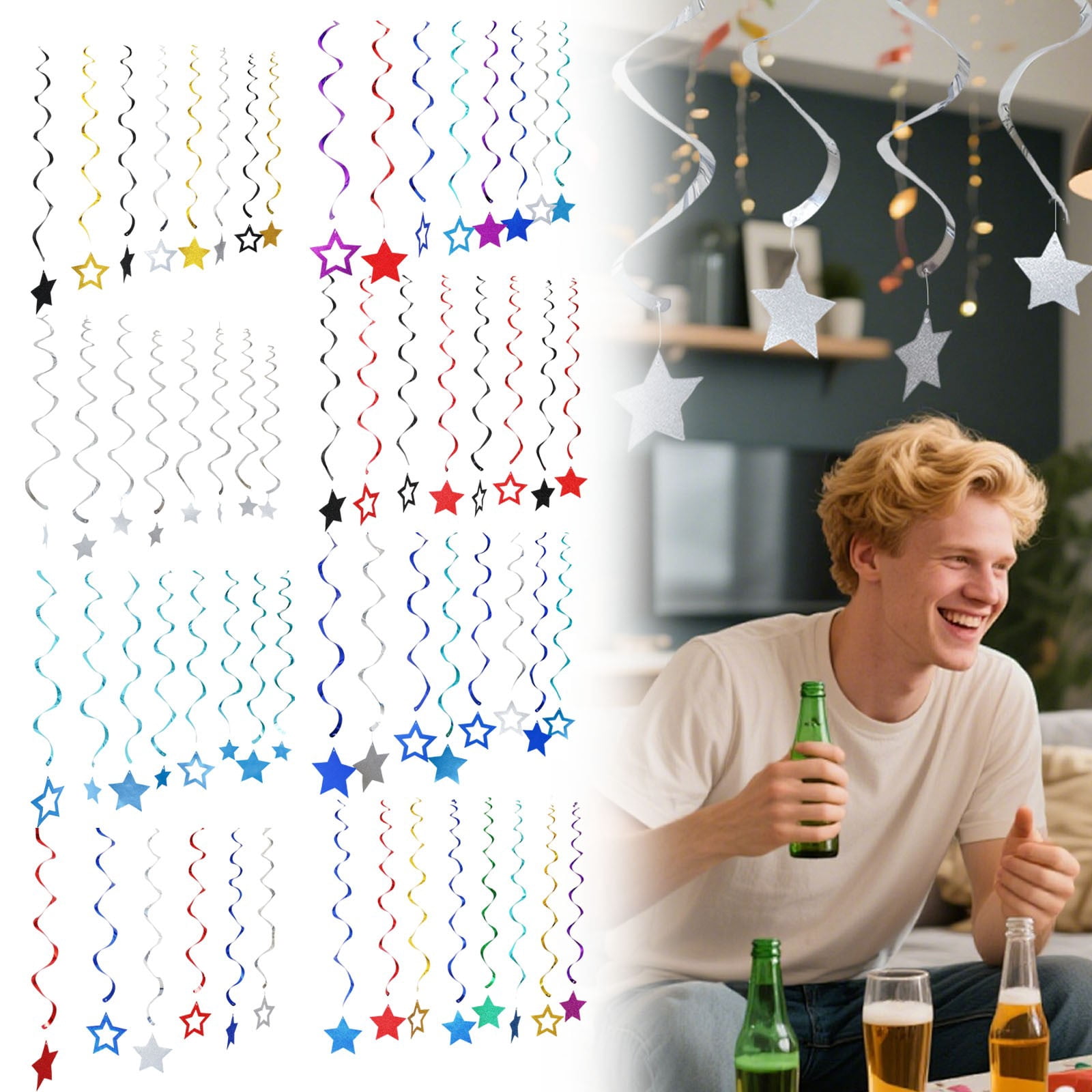 SeekLGT Star Garland Hanging Decorations Metallic Silver Reflective ...