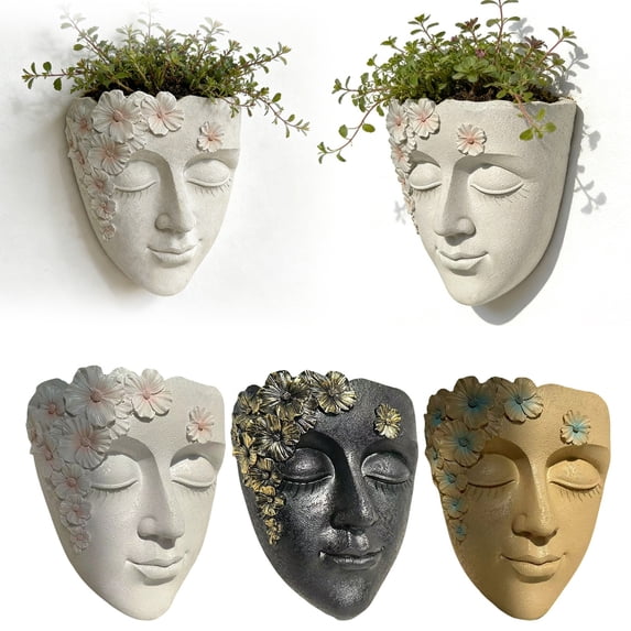 SeekLGT Wall Planter Black Face Shaped Resin Hanging Flower Pot Sculptural Design Lightweight Wall Mounted Planter for Outdoor Garden and Indoor Home Decoration 1PC