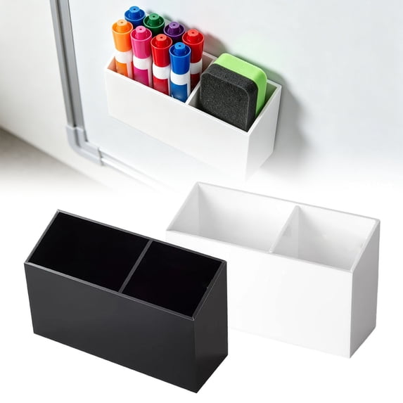 SeekLGT White Magnetic Dry Erase Marker Holder 5.9x1.96 Inch, Acrylic Magnet Pen Organizer for Whiteboard and Refrigerator, 2 Compartment Locker Storage Box