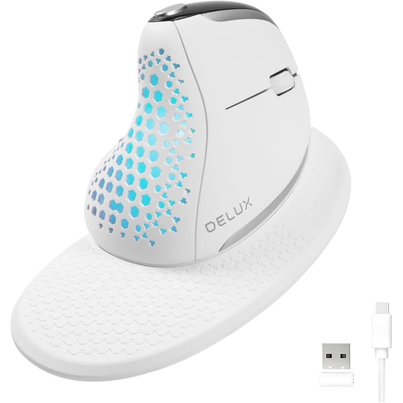 Seeker Ergonomic Wireless, Vertical with OLED Screen, 6 Buttons&Thumb Wheel Function, Silent Click, Up to 7200DPI, Programmable, Rechargeable, BT/2.4G/Wired, RGB Light(M618XSD-White)