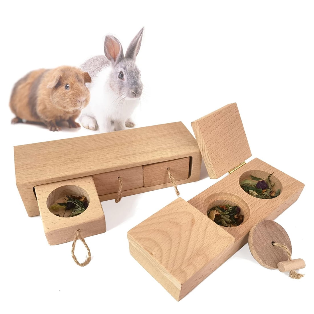Seekfunning 2PC Wooden Squirrels/Rabbit Enrichment Toys, Interactive