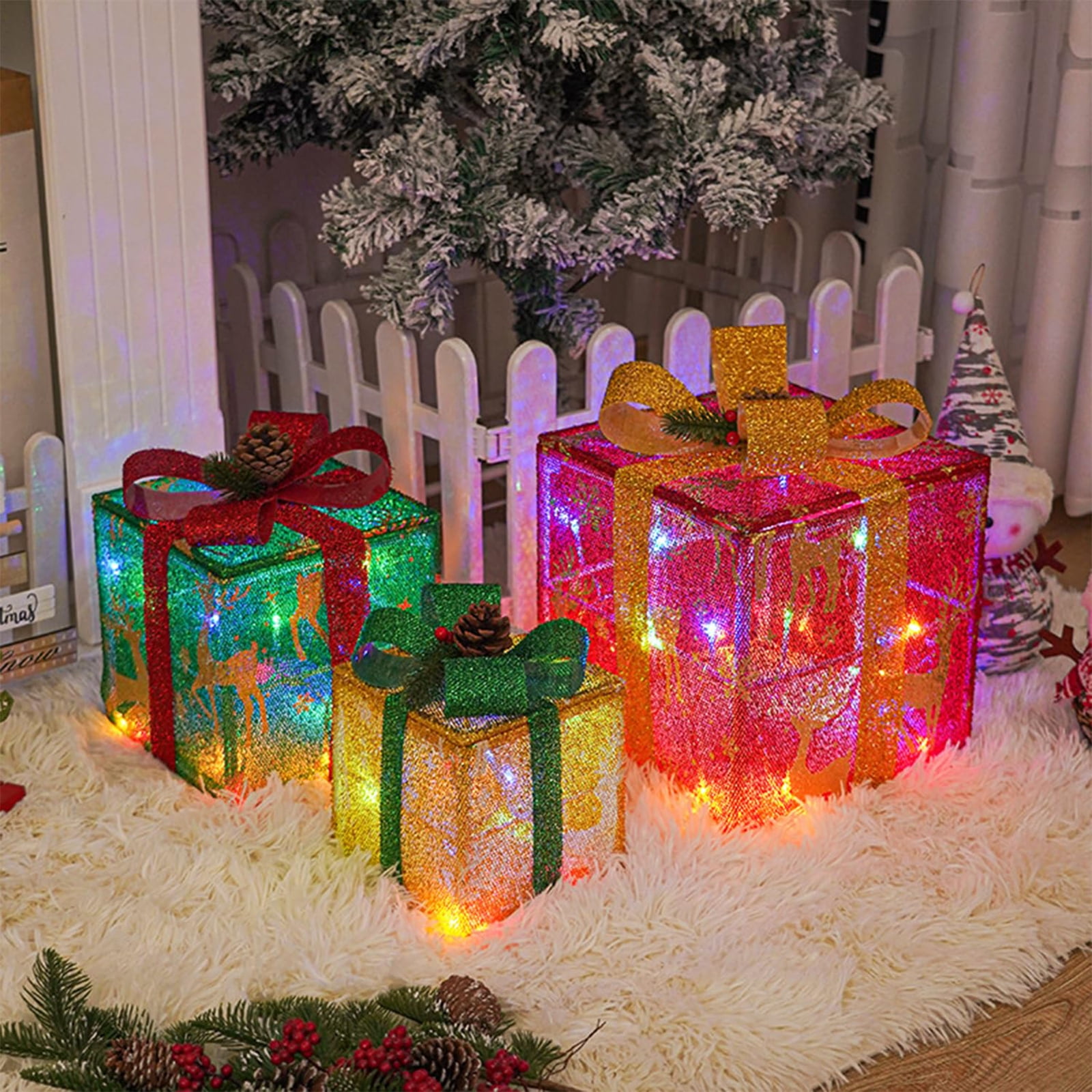 Seekfunning 3 PC LED Gift Box Christmas Decorations, Led Light Up Boxes ...