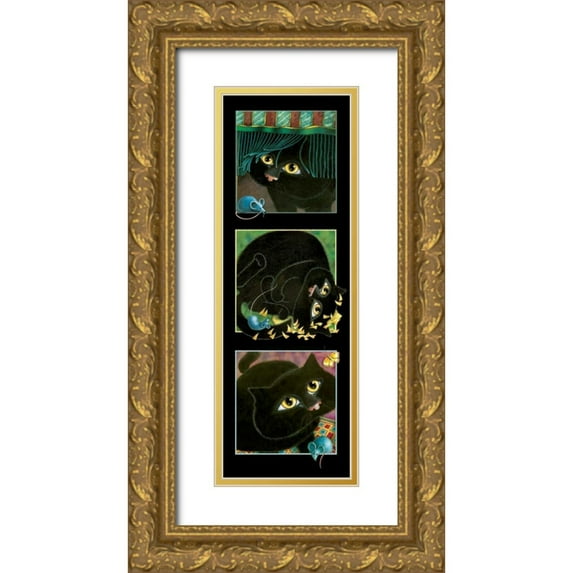 Seeley, Laura 13x32 Gold Ornate Wood Framed with Double Matting Museum Art Print Titled - A Cat Never Tells-Trio II