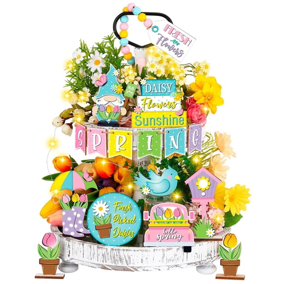 Seeloowy 21 Pcs Spring Decorative Trays Wooden Table Sign Fresh Flower Gnome Tabletop Block Rustic Farmhouse Decoration for Spring Party Favor Kitchen Home Table Shelf
