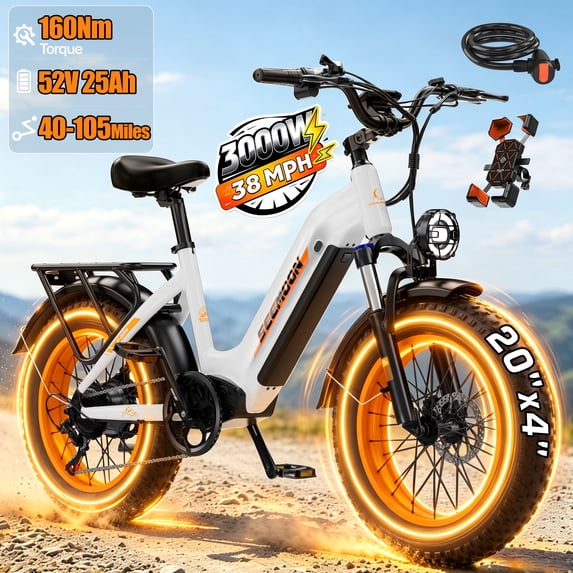 Seemoon 20x4 Fat Tire Electric Bike for Adults Step Through 750W Peak 52V 25Ah 28MPH 105 Mi 160Nm 40 Degree Climb Hydraulic Disc Brakes Suspension