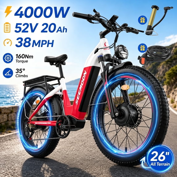 Seemoon 4OOOW Dual Motor Fat Tire Electric Dirt Bike 52V 20Ah Removable Battery 38 MH 160Nm 26 x 4 inch Long Range Hydraulic Brakes for Adults