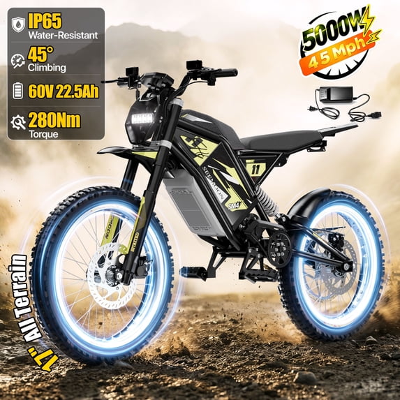 Seemoon 5000W Mid-Drive Off Road Electric Dirt Bike for Adults 60V 1350Wh 45 MPH 50-55 Mi 280Nm 45 Deg Hydraulic Disc Brakes Full Suspension 17/16 In
